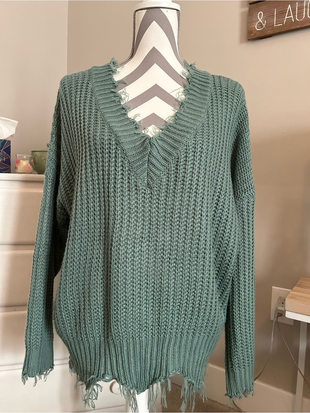 Main Strip Distressed V-Neck Sweater — Sage Green